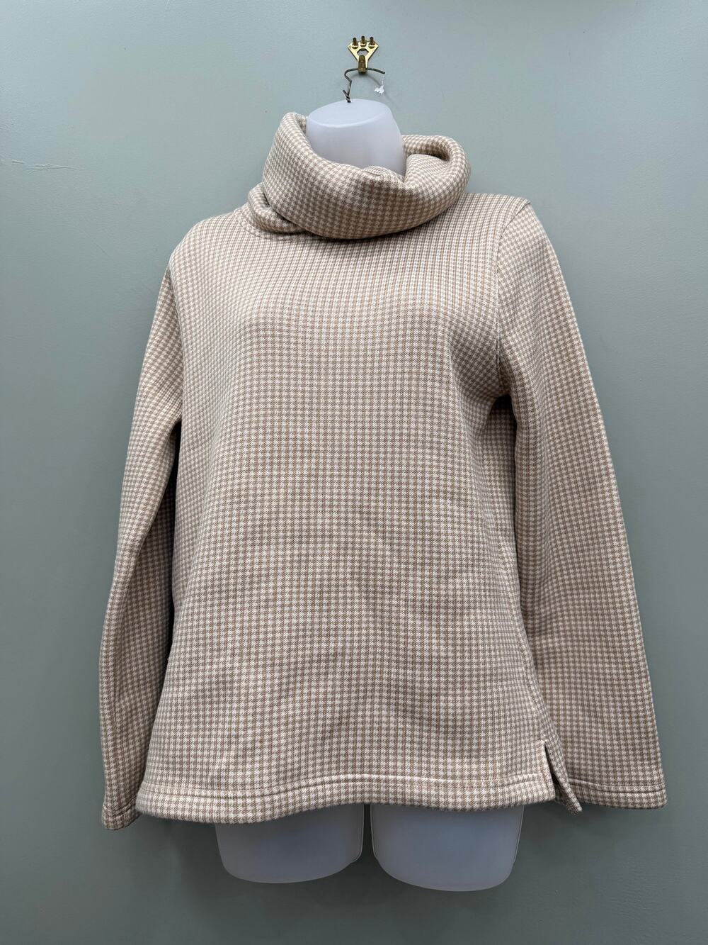 J Crew Factory Houndstooth Fleece Cowl Neck Sweater Medium Beige Cream Preppy